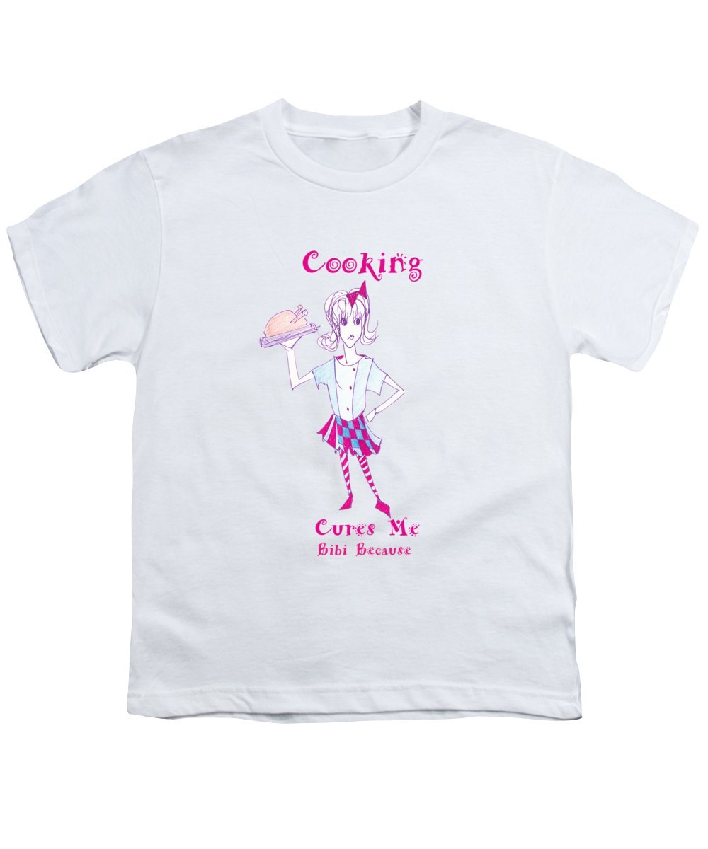 Cooking Cures Me Bibi Youth T-Shirt made from 100% pre-shrunk cotton, available in various sizes, featuring a stylish design.