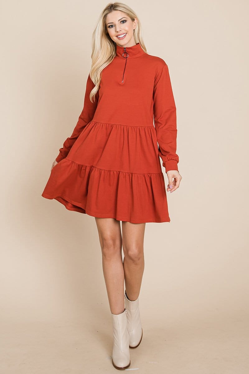 Collared Zipper Front Layered Cotton Shirt Dress featuring a point collar, layered design, and long sleeves in a solid color.