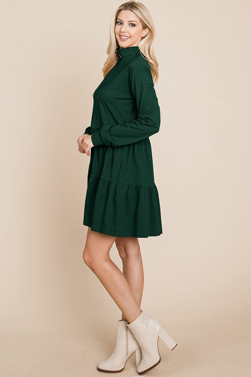 Collared Zipper Front Layered Cotton Shirt Dress featuring a point collar, layered design, and long sleeves in a solid color.