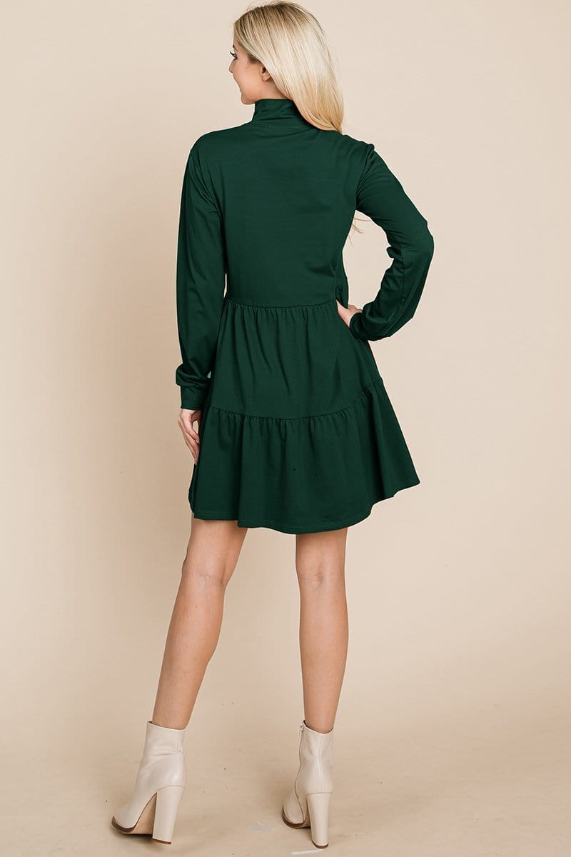 Collared Zipper Front Layered Cotton Shirt Dress featuring a point collar, layered design, and long sleeves in a solid color.