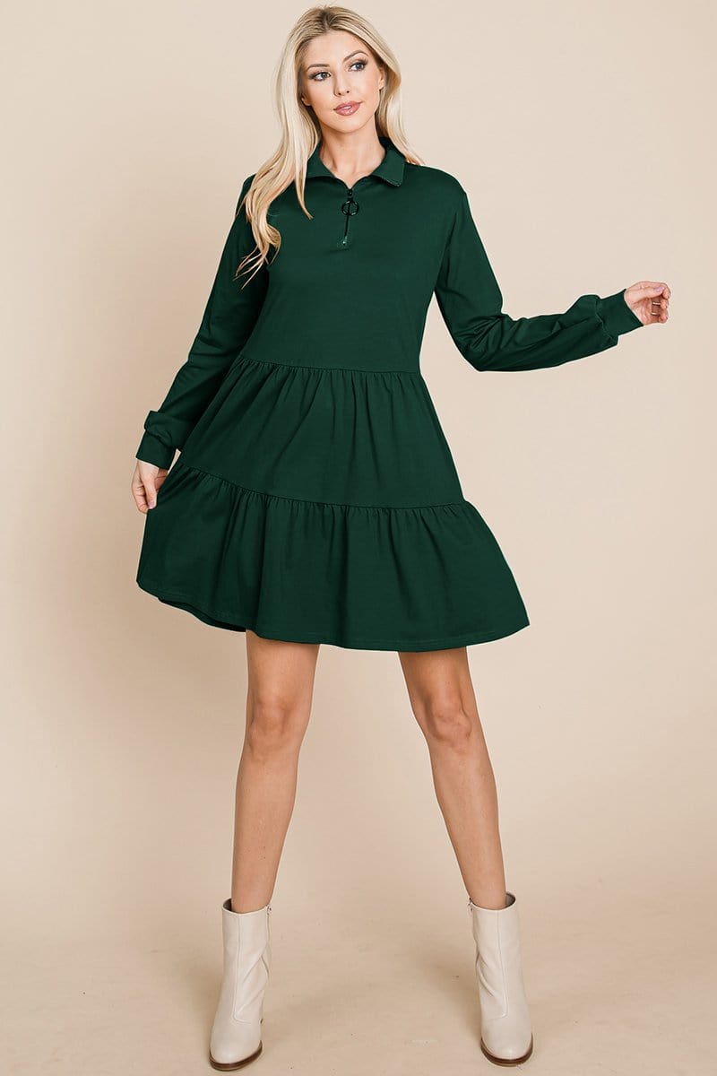 Collared Zipper Front Layered Cotton Shirt Dress featuring a point collar, layered design, and long sleeves in a solid color.