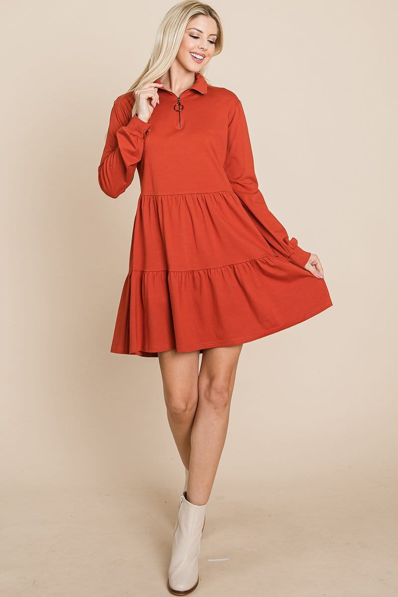 Collared Zipper Front Layered Cotton Shirt Dress featuring a point collar, layered design, and long sleeves in a solid color.