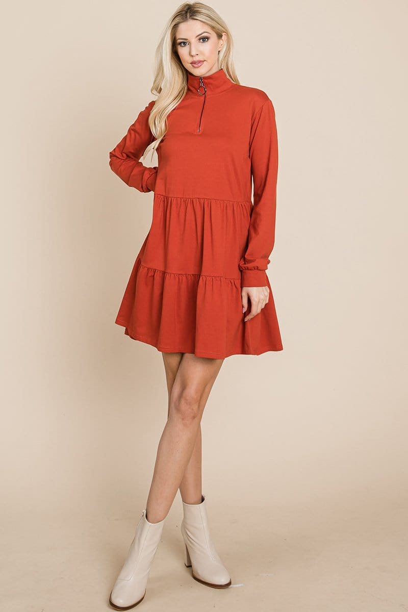 Collared Zipper Front Layered Cotton Shirt Dress featuring a point collar, layered design, and long sleeves in a solid color.
