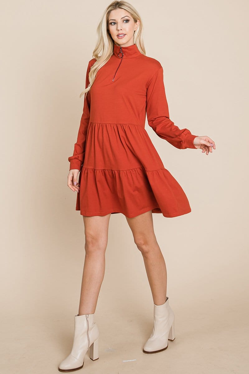 Collared Zipper Front Layered Cotton Shirt Dress featuring a point collar, layered design, and long sleeves in a solid color.