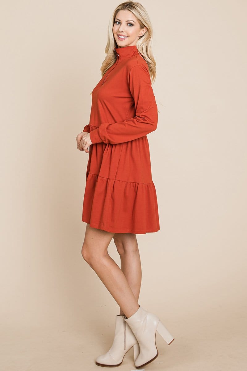 Collared Zipper Front Layered Cotton Shirt Dress featuring a point collar, layered design, and long sleeves in a solid color.