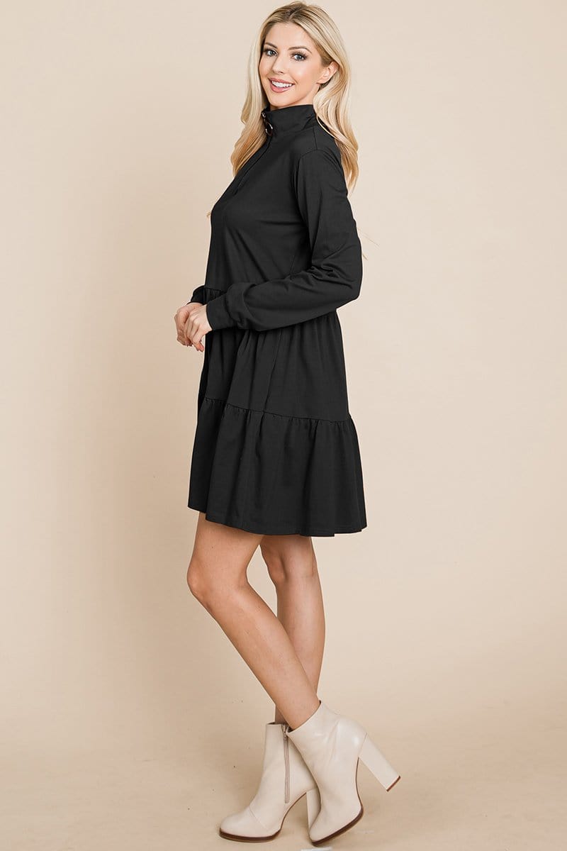 Collared Zipper Front Layered Cotton Shirt Dress featuring a point collar, layered design, and long sleeves in a solid color.