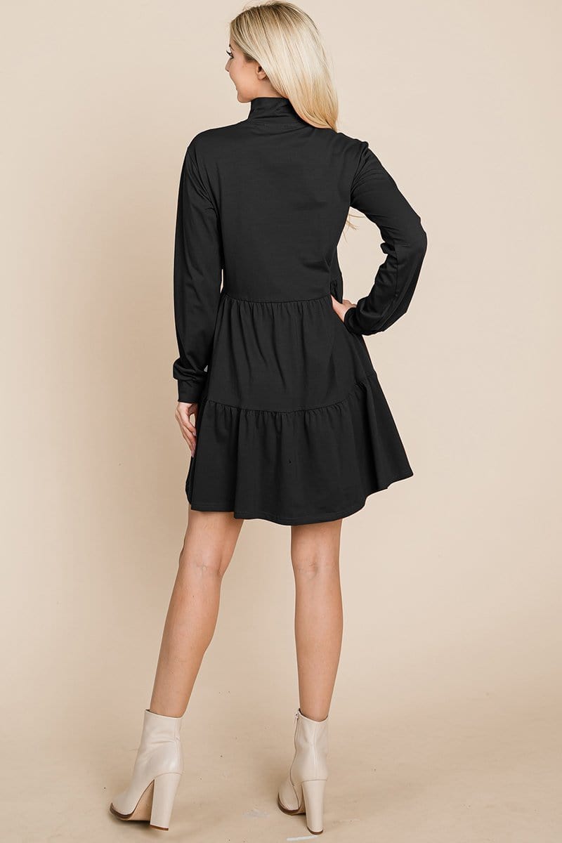 Collared Zipper Front Layered Cotton Shirt Dress featuring a point collar, layered design, and long sleeves in a solid color.