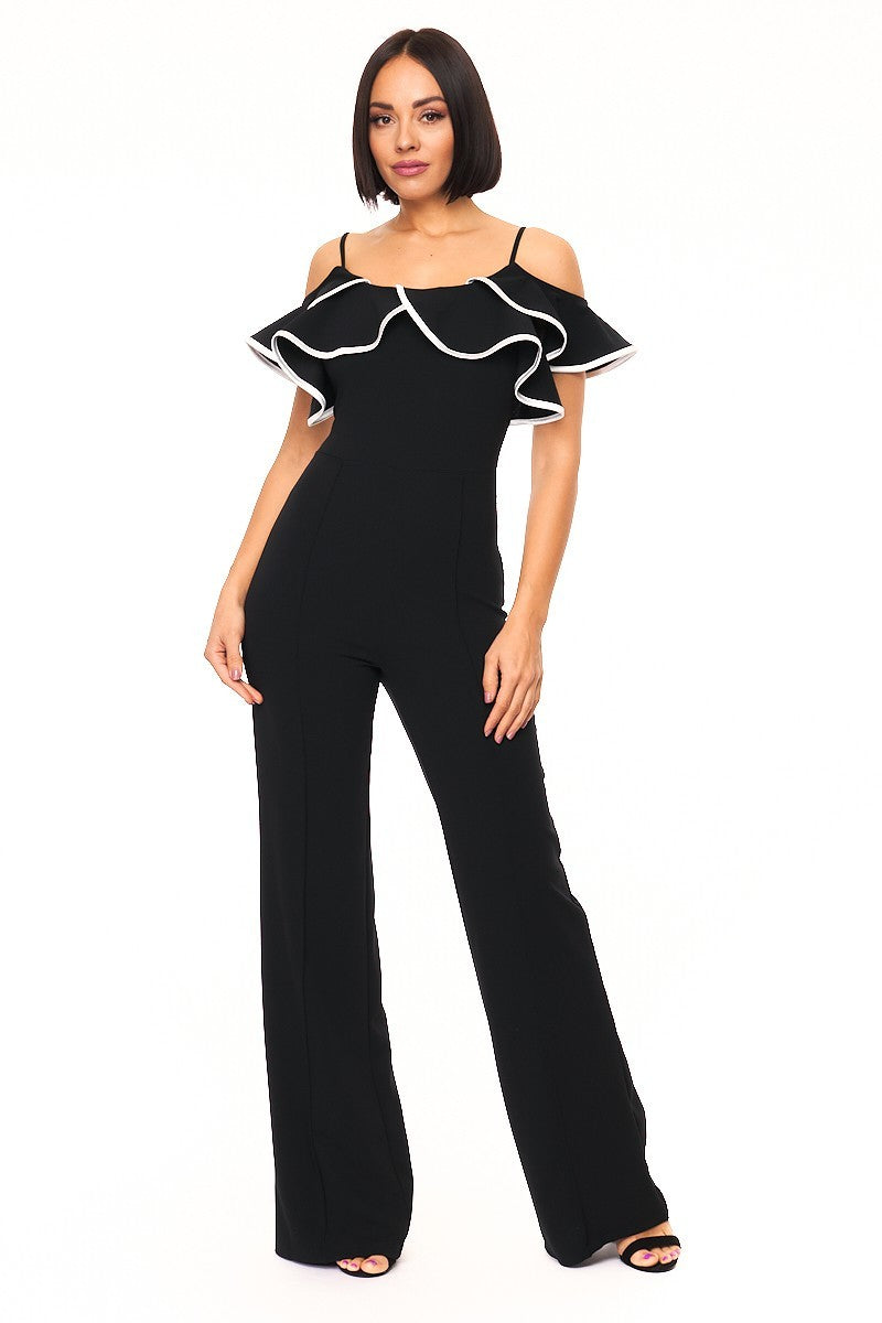 Color Block Binding Detailed Fashion Jumpsuit featuring ruffle straps and a stylish design in black and contrasting colors.