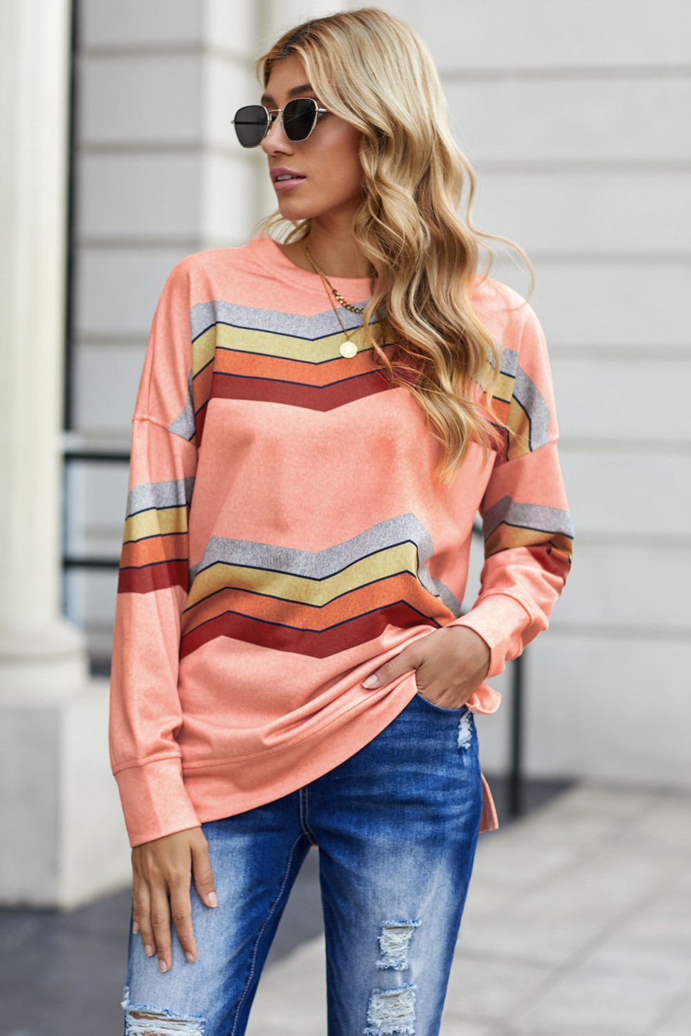 A stylish Color Block Classic Sweatshirt featuring a trendy design with contrasting colors and side slits, made from soft cotton blend fabric.