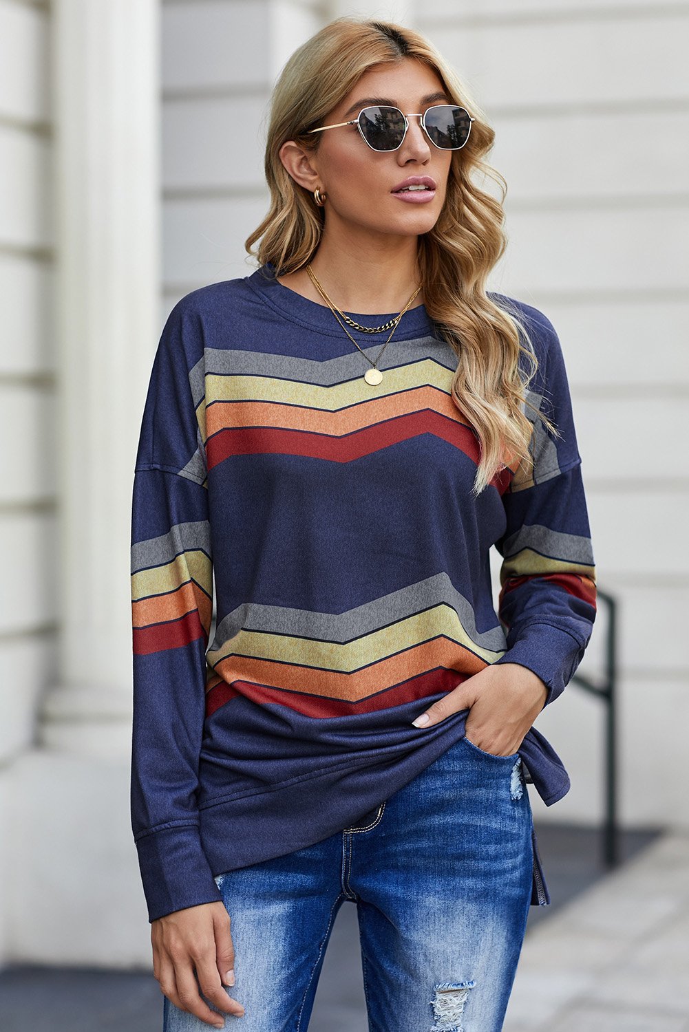 A stylish Color Block Classic Sweatshirt featuring a trendy design with contrasting colors and side slits, made from soft cotton blend fabric.