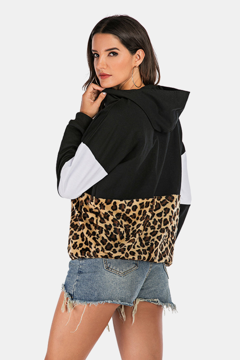 Color Block Half-Zip Dropped Shoulder Hoodie featuring leopard print and casual style, perfect for everyday wear.