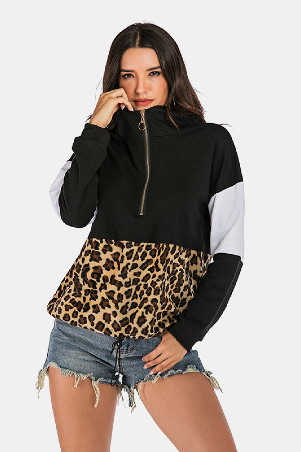 Color Block Half-Zip Dropped Shoulder Hoodie featuring leopard print and casual style, perfect for everyday wear.