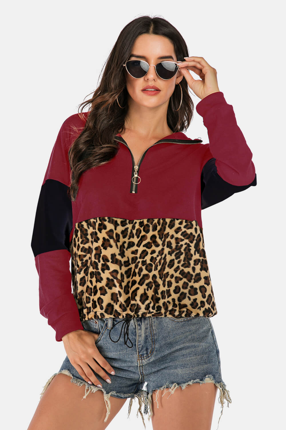 Color Block Half-Zip Dropped Shoulder Hoodie featuring leopard print and casual style, perfect for everyday wear.