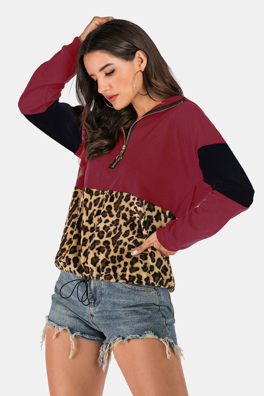 Color Block Half-Zip Dropped Shoulder Hoodie featuring leopard print and casual style, perfect for everyday wear.