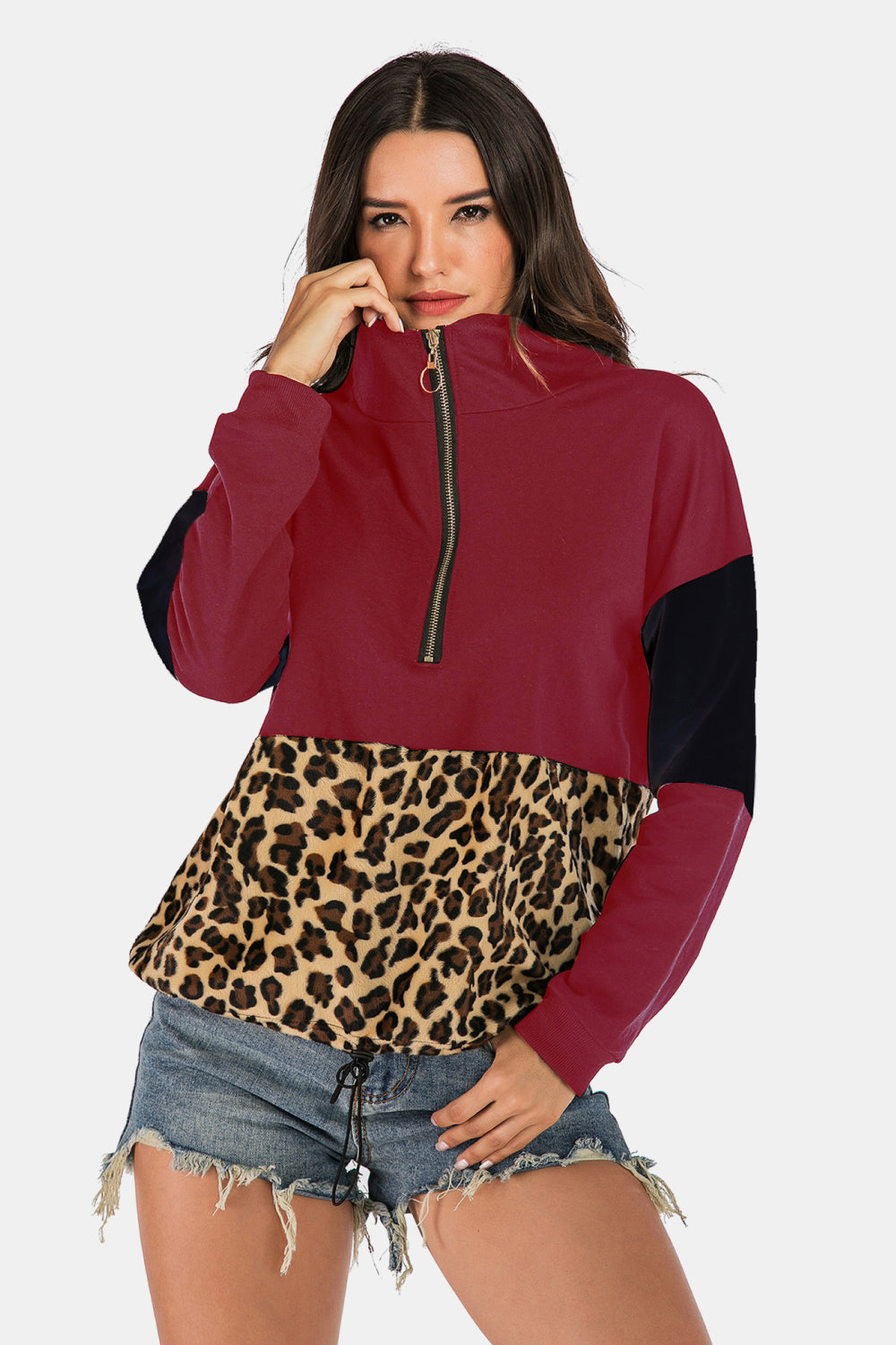 Color Block Half-Zip Dropped Shoulder Hoodie featuring leopard print and casual style, perfect for everyday wear.