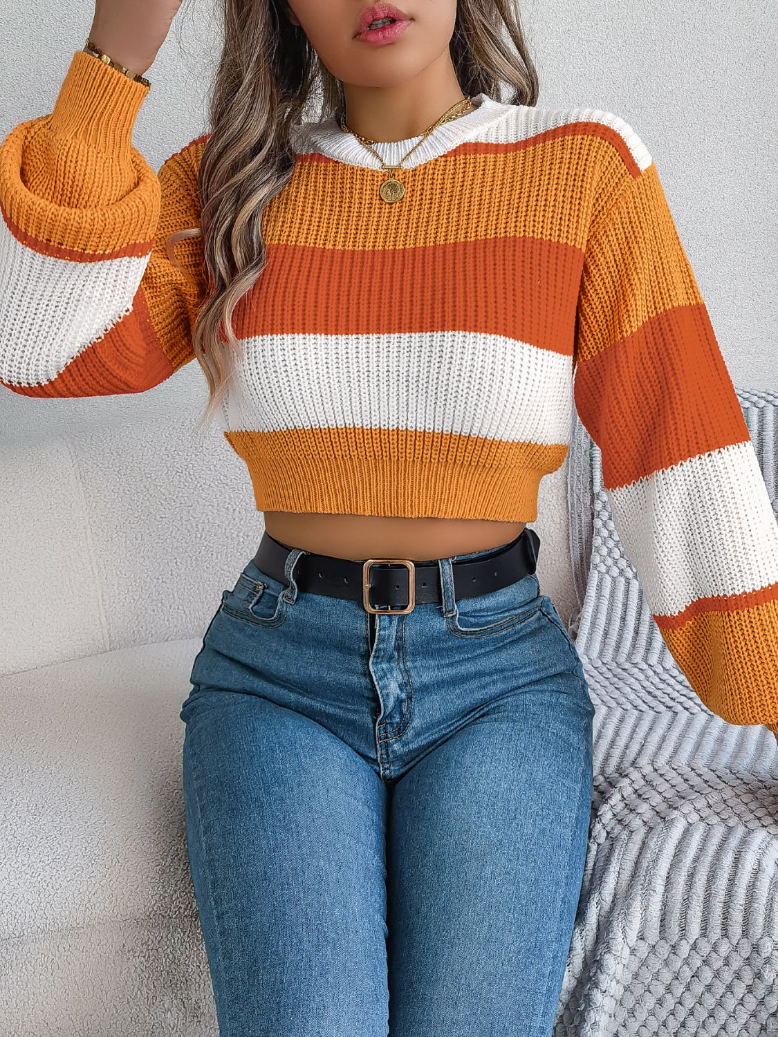 Color Block Round Neck Cropped Sweater featuring vibrant colors and a stylish design, perfect for casual wear.