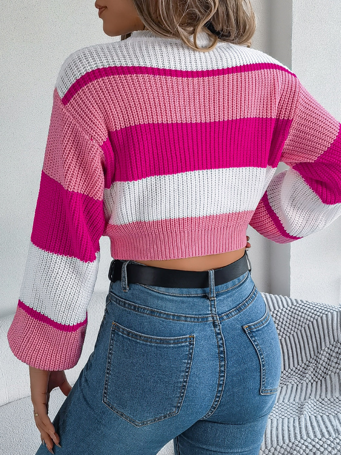Color Block Round Neck Cropped Sweater featuring vibrant colors and a stylish design, perfect for casual wear.