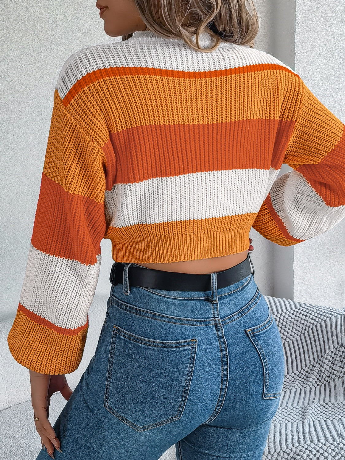 Color Block Round Neck Cropped Sweater featuring vibrant colors and a stylish design, perfect for casual wear.