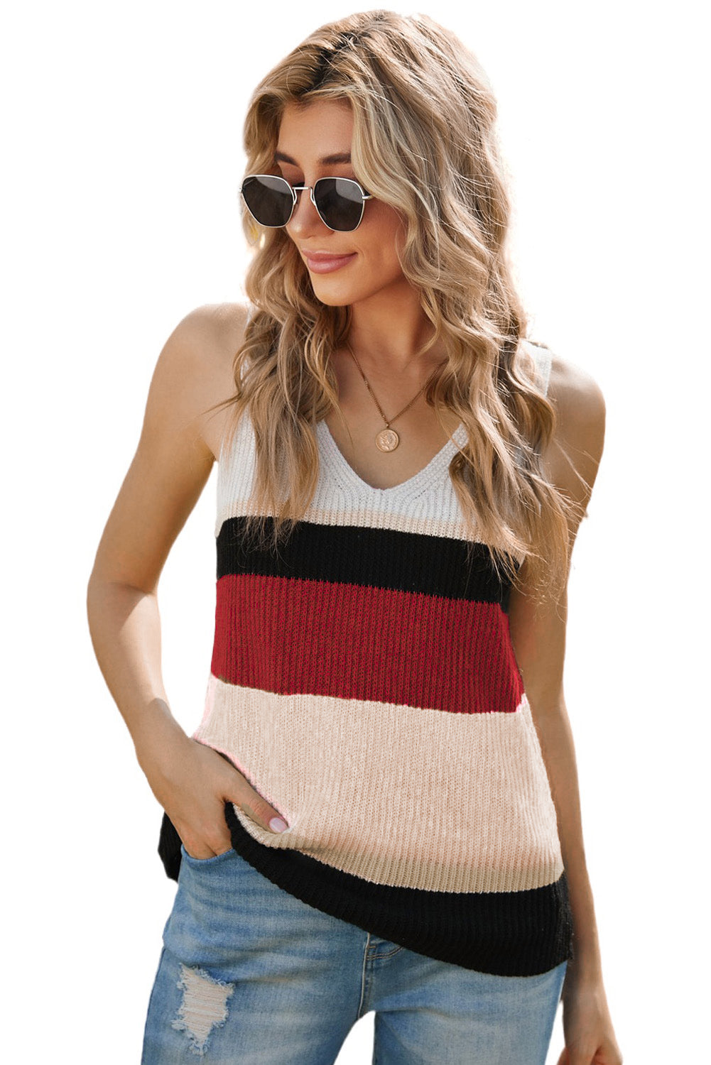 Color Block V-Neck Rib-Knit Tank displayed in a flat lay outdoors, showcasing its vibrant colors and ribbed texture.