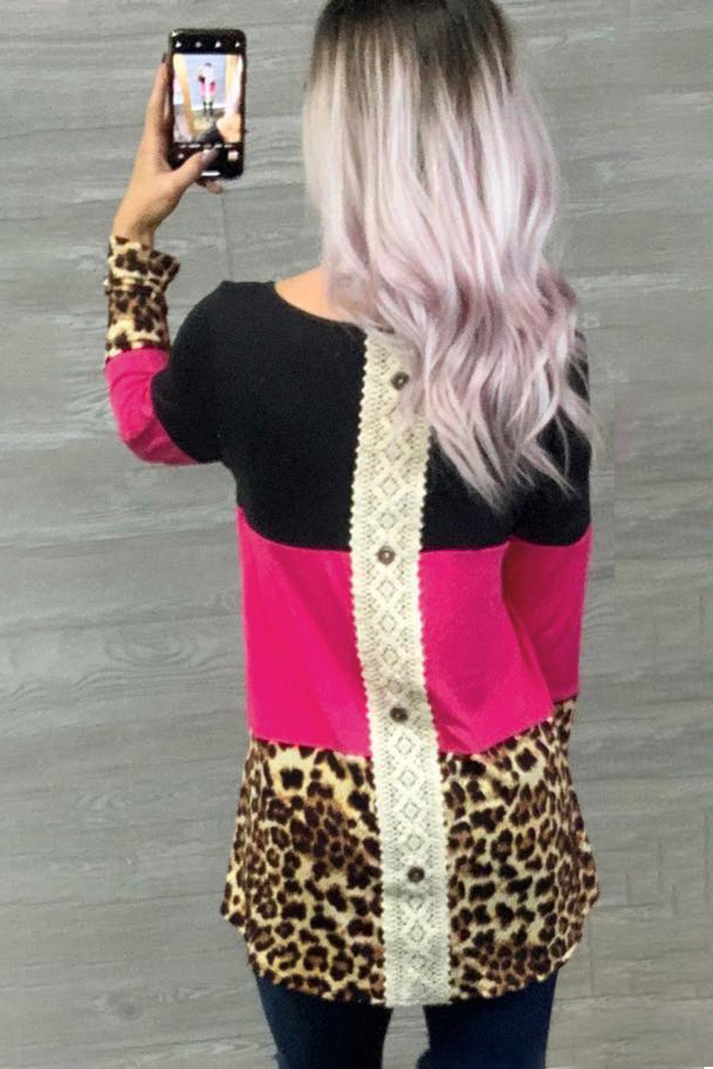 Colorblock Leopard Triple Patchwork Long Sleeve Top featuring a stylish splicing design with vibrant colors and leopard print.