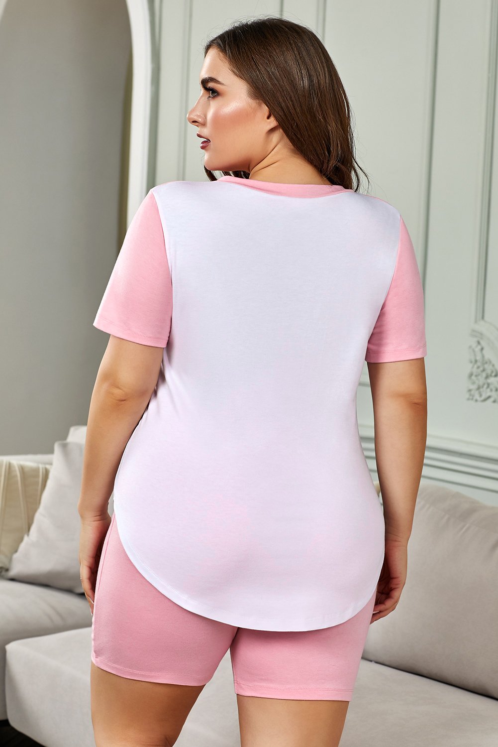 Colorblock Lounge T-shirt Shorts Set featuring a stylish t-shirt with leopard patch pocket and elastic high waist shorts in a chic colorblock design.