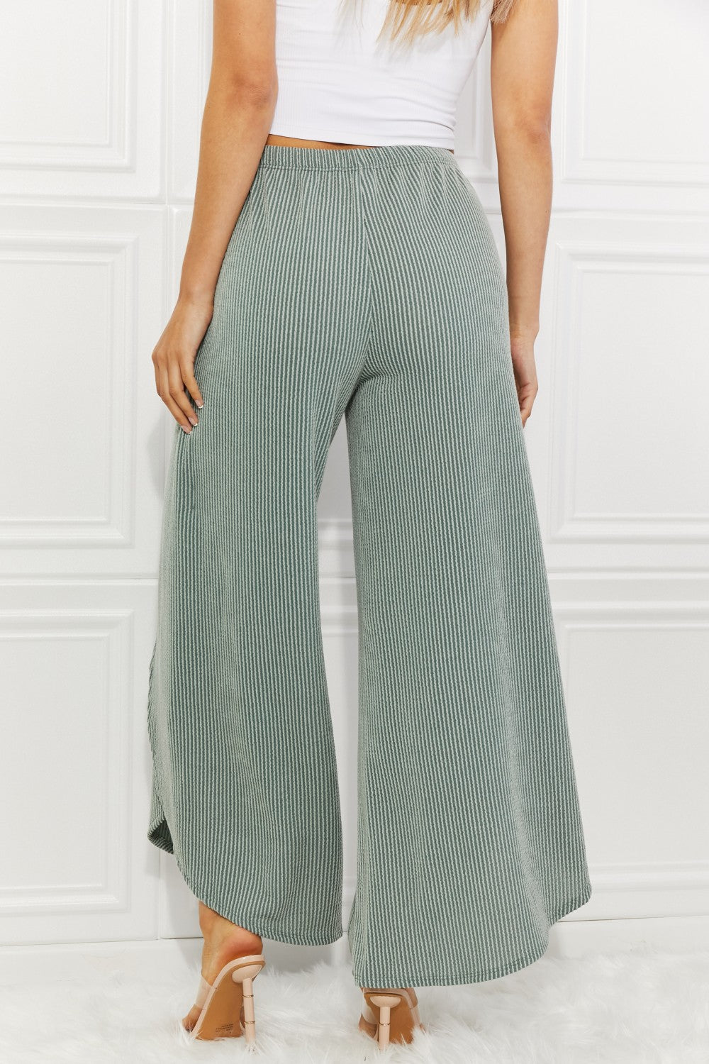 Confidently Chic Full Size Split Wide Leg Pants in Sage, featuring a stylish split-leg design and high waist for a chic summer look.