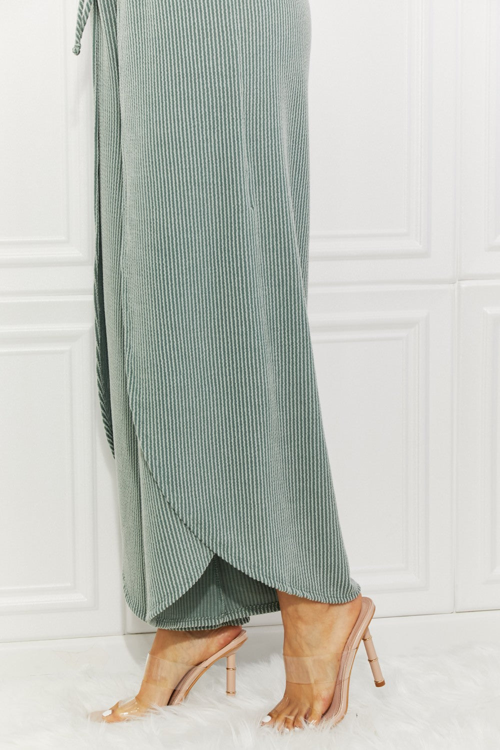Confidently Chic Full Size Split Wide Leg Pants in Sage, featuring a stylish split-leg design and high waist for a chic summer look.