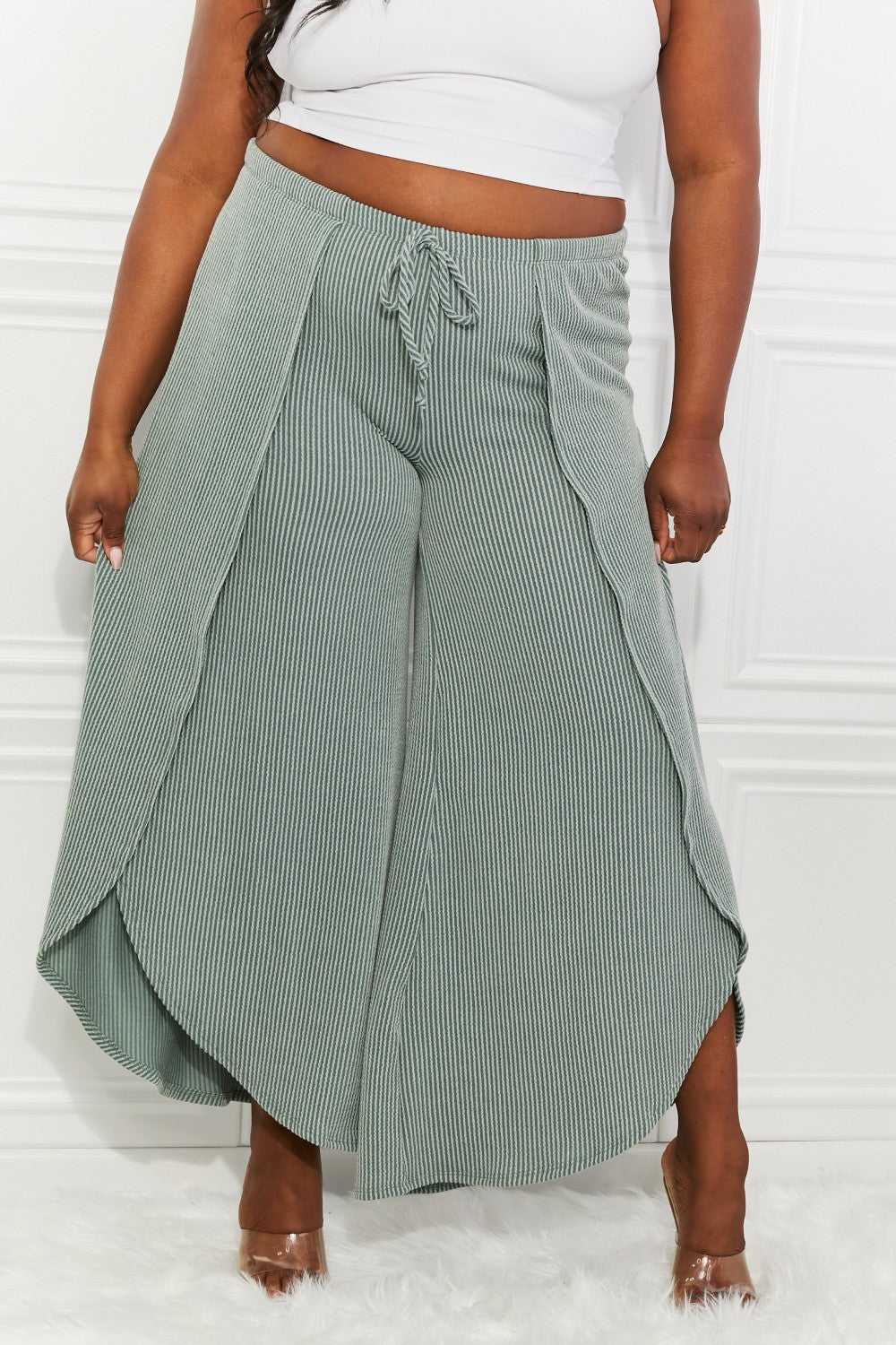 Confidently Chic Full Size Split Wide Leg Pants in Sage, featuring a stylish split-leg design and high waist for a chic summer look.