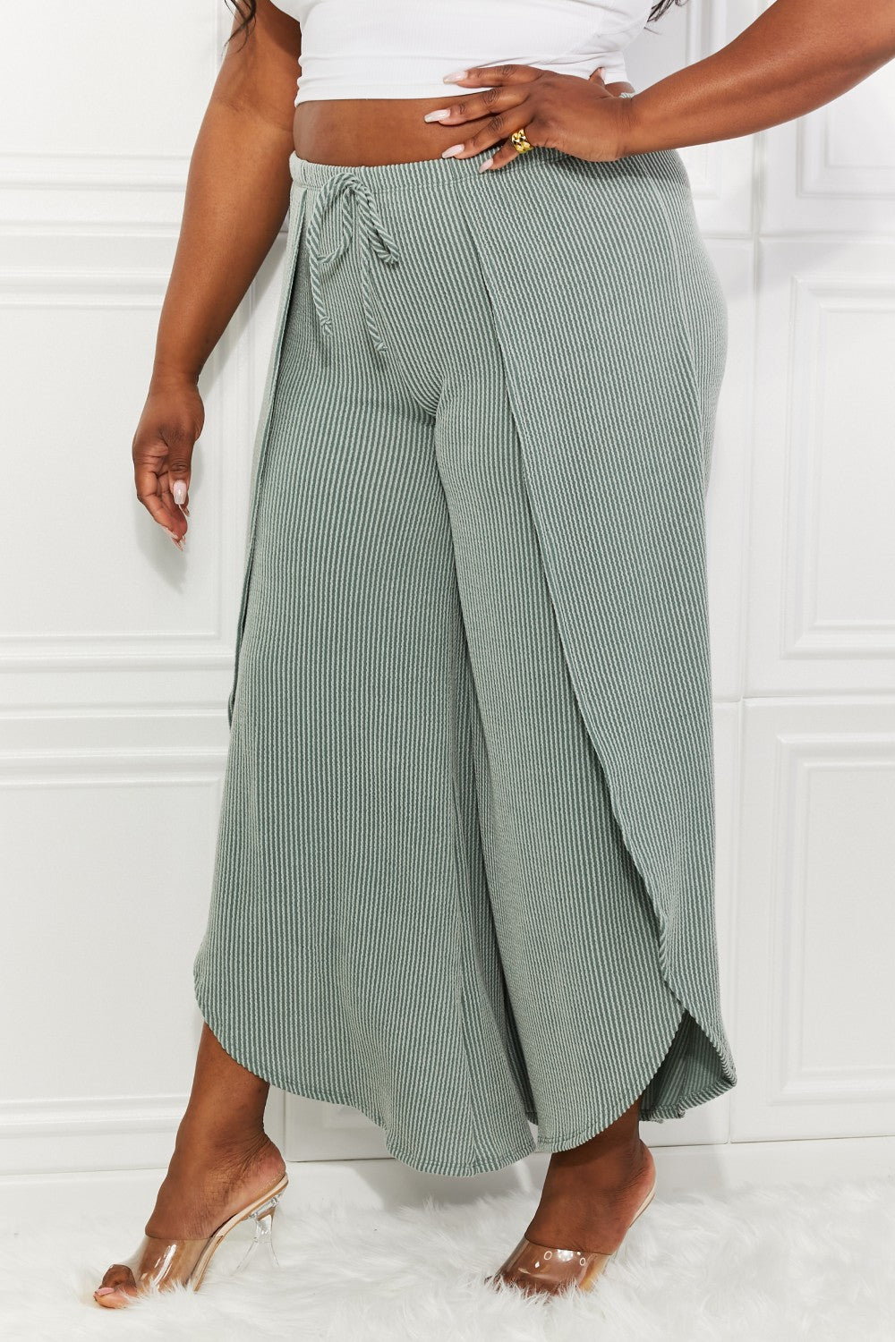 Confidently Chic Full Size Split Wide Leg Pants in Sage, featuring a stylish split-leg design and high waist for a chic summer look.