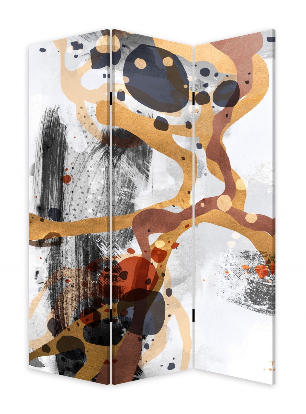 Contemporary Abstract Art Three Panel Room Divider Screen showcasing reversible abstract designs in black, white, and gray colors.