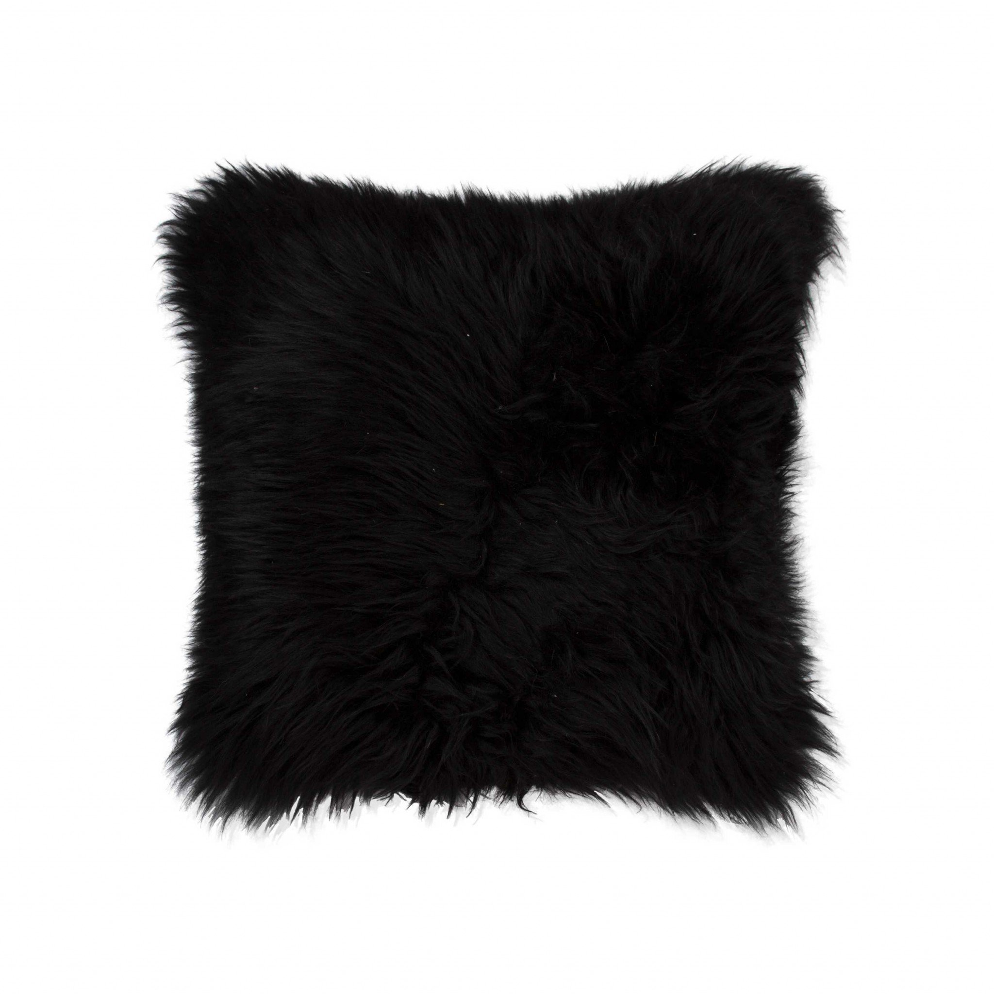Contemporary square black accent pillow made from luxurious New Zealand sheepskin, featuring a hidden zipper and soft microsuede backing.