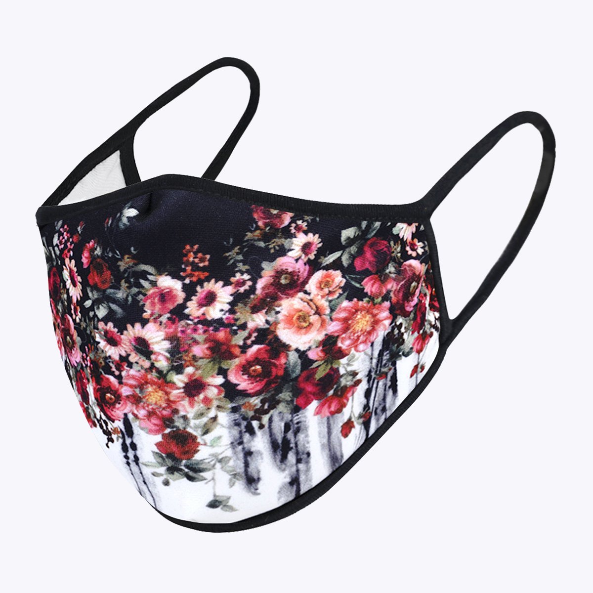 Contrast Flowers 3-Layered Face Cover featuring a vibrant floral print, made from polyester and cotton, designed for comfort and protection.