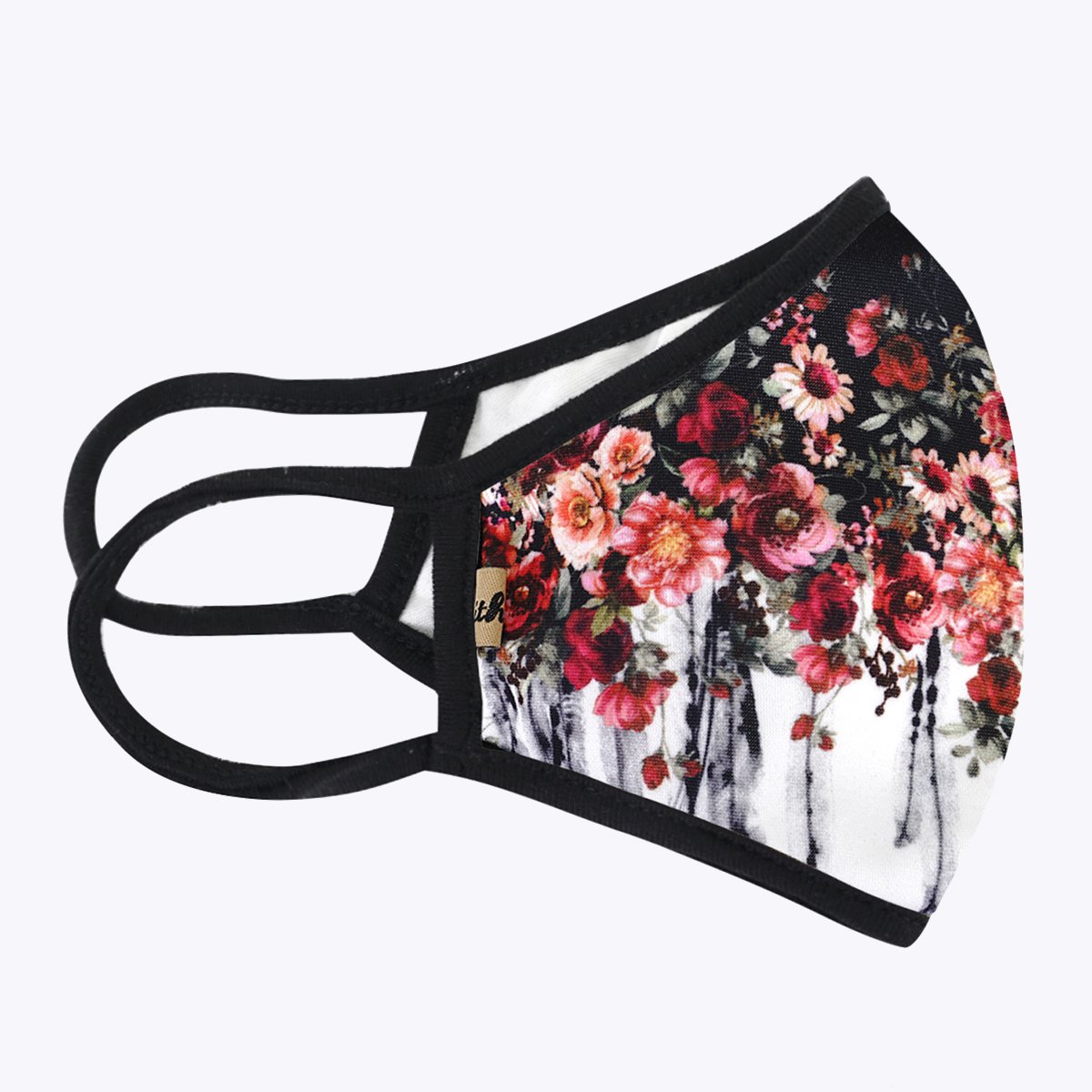 Contrast Flowers 3-Layered Face Cover featuring a vibrant floral print, made from polyester and cotton, designed for comfort and protection.