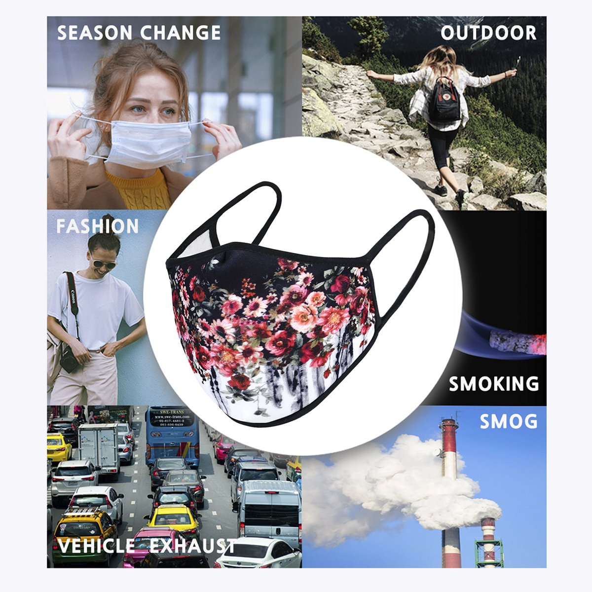 Contrast Flowers 3-Layered Face Cover featuring a vibrant floral print, made from polyester and cotton, designed for comfort and protection.