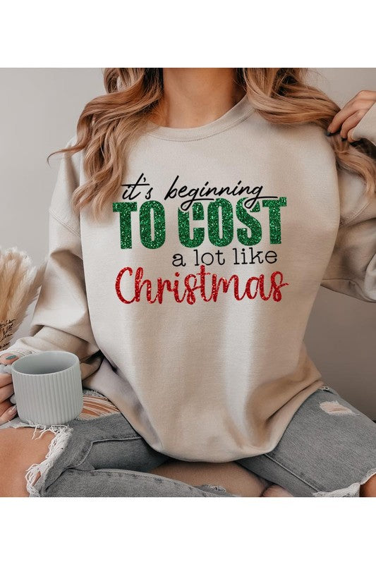 Cost Like Christmas Fleece Sweatshirt featuring a festive graphic, oversized fit, and long sleeves, perfect for holiday wear.