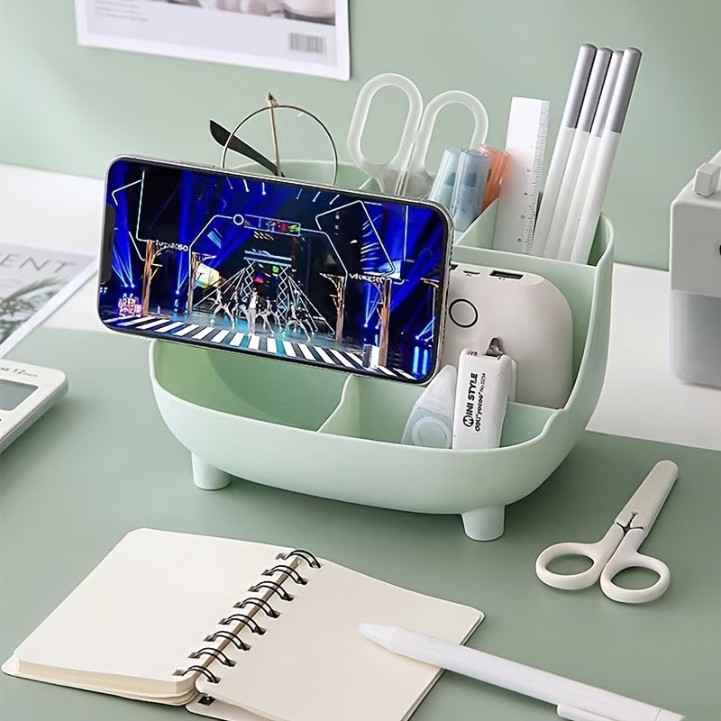 A sleek, polished countertop organizer and phone holder made of lightweight plastic, designed for hanging mount use, ideal for kitchens and offices.