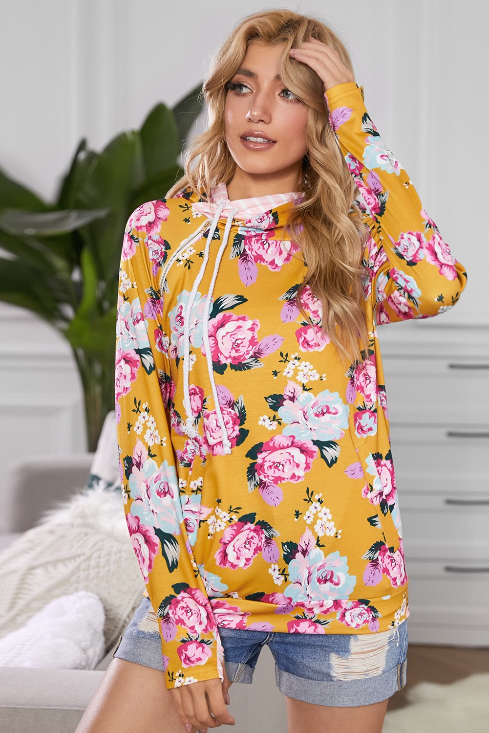 Cowl Neck Floral Print Hoodie featuring striped detail, showcasing a feminine floral pattern and stylish design.