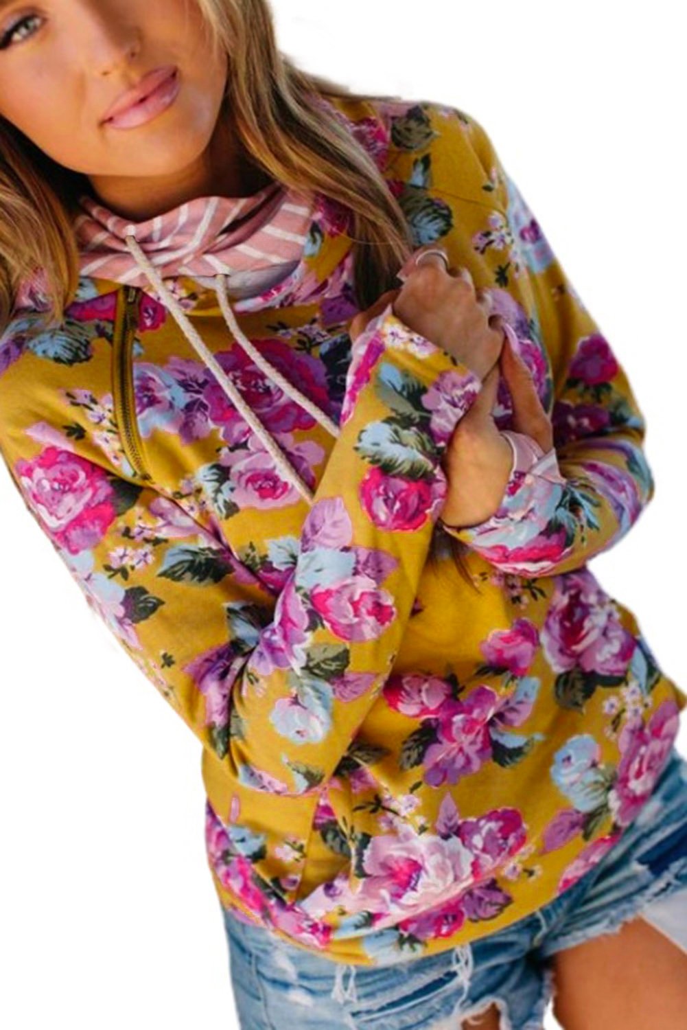Cowl Neck Floral Print Hoodie featuring striped detail, showcasing a feminine floral pattern and stylish design.