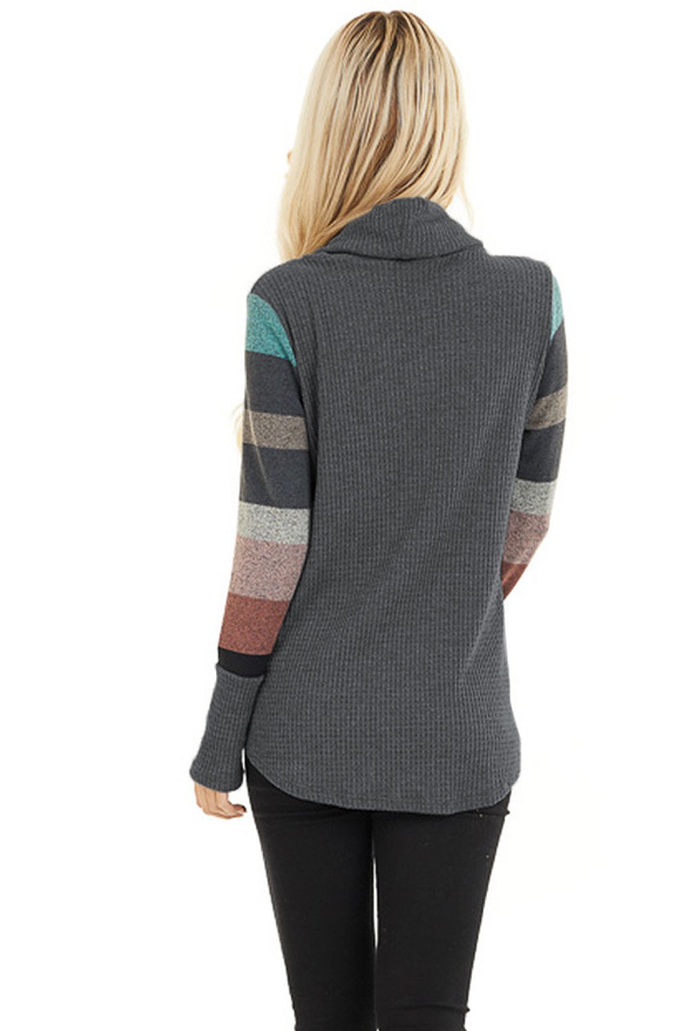 Cowl Neck Knit Top featuring multi-color striped sleeves, showcasing a stylish and cozy design perfect for casual wear.