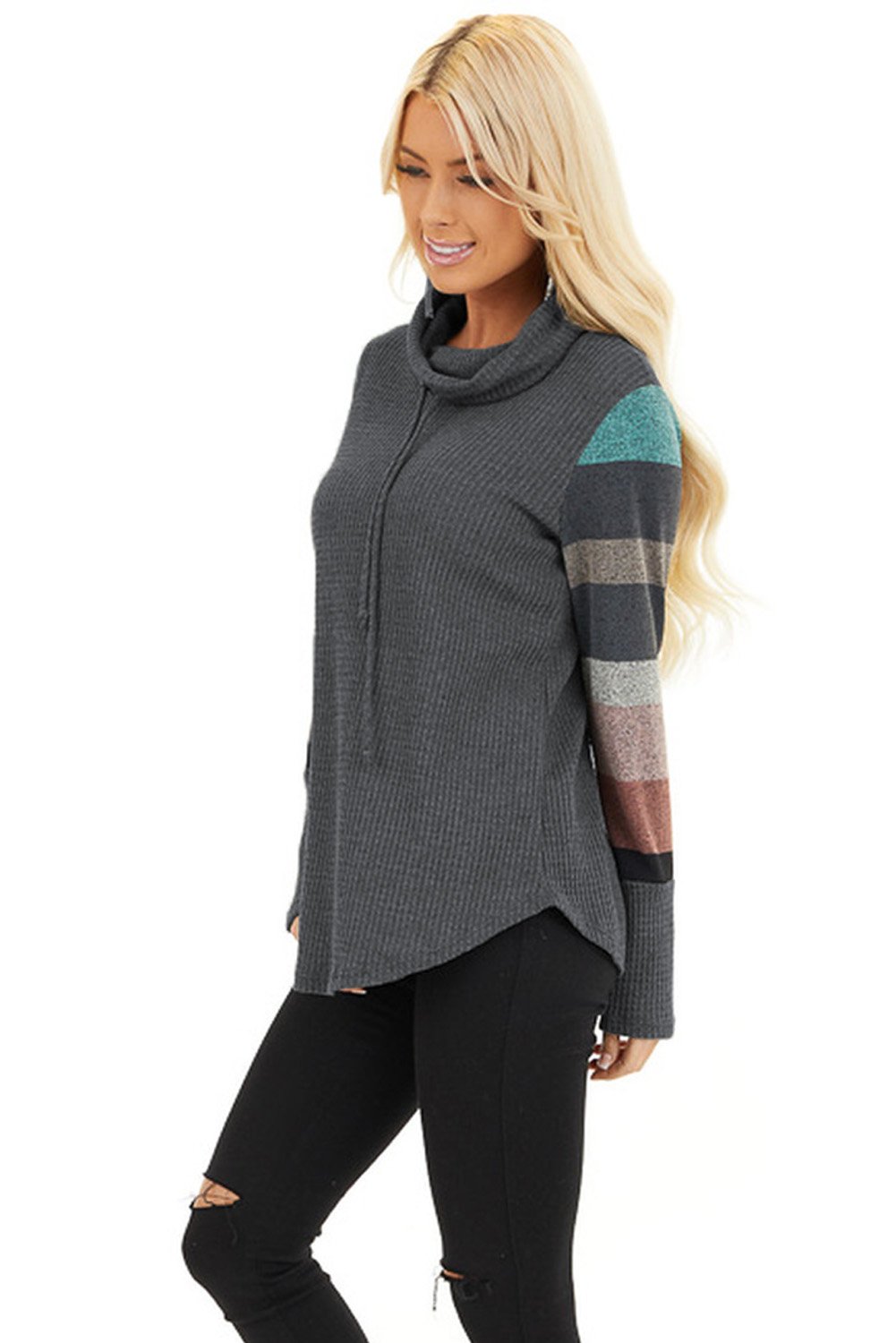 Cowl Neck Knit Top featuring multi-color striped sleeves, showcasing a stylish and cozy design perfect for casual wear.