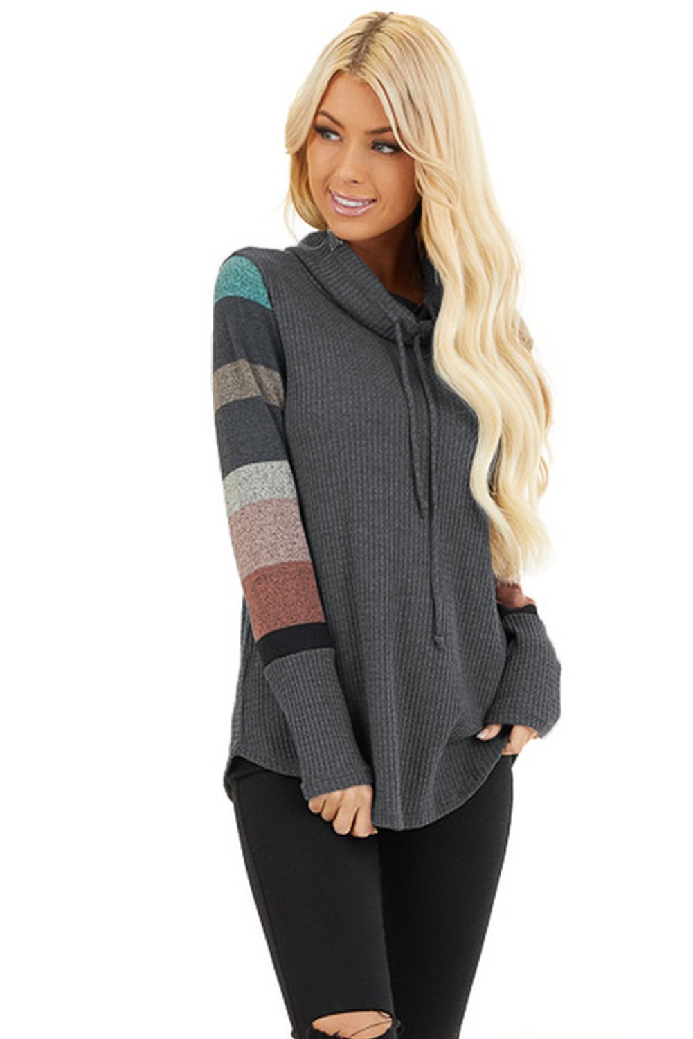 Cowl Neck Knit Top featuring multi-color striped sleeves, showcasing a stylish and cozy design perfect for casual wear.