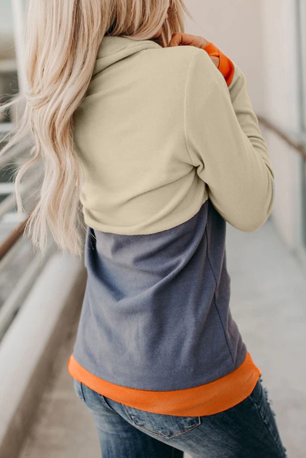 Cowl Neck Pumpkin Print Color Block Halloween Sweatshirt featuring trendy color block design and festive pumpkin print.