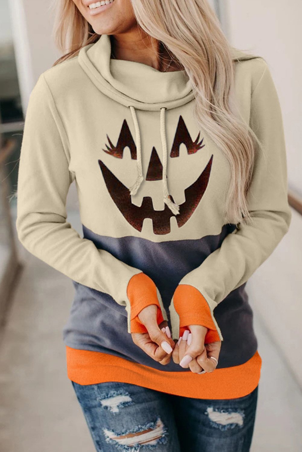 Cowl Neck Pumpkin Print Color Block Halloween Sweatshirt featuring trendy color block design and festive pumpkin print.