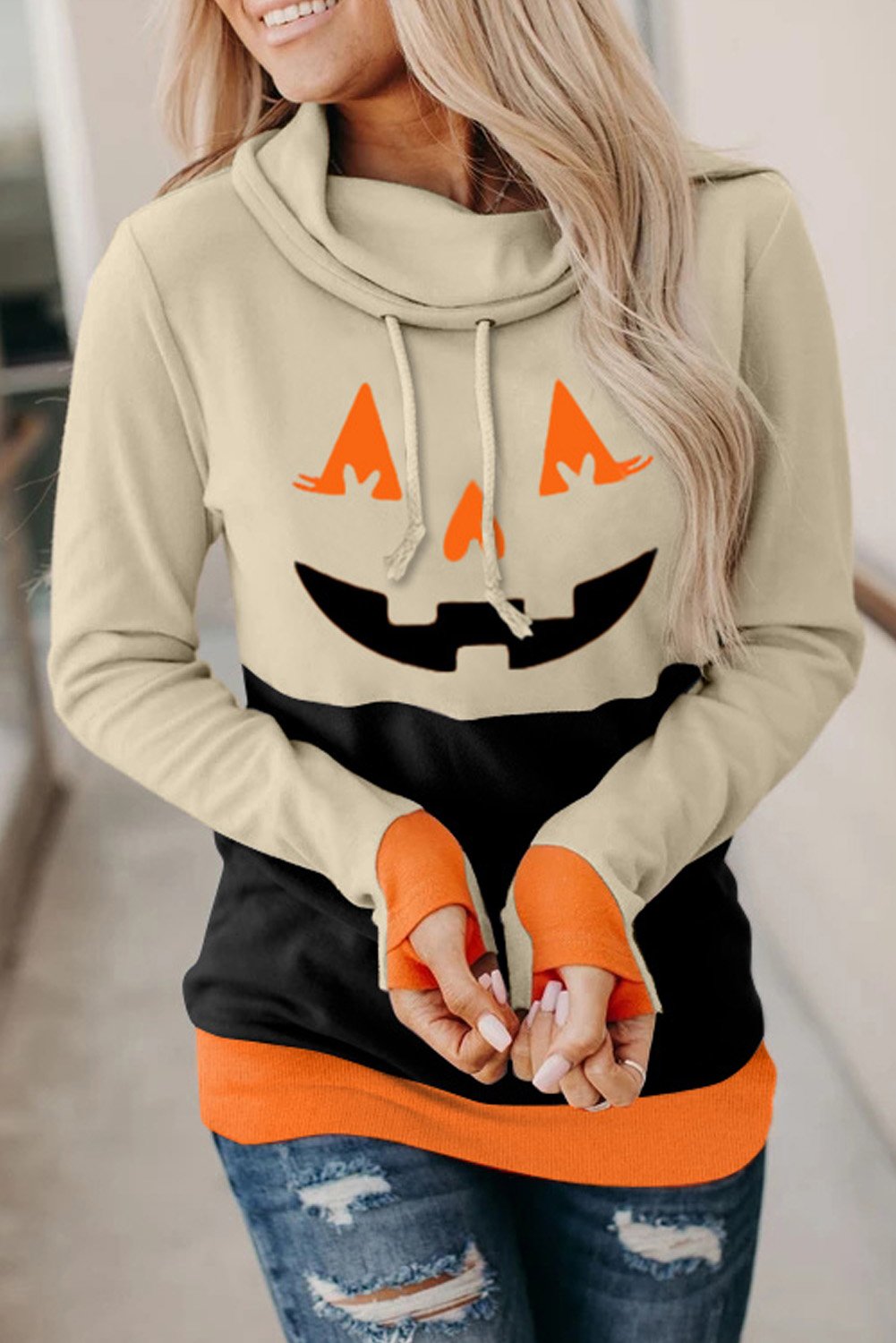 Cowl Neck Pumpkin Print Color Block Halloween Sweatshirt featuring trendy color block design and festive pumpkin print.