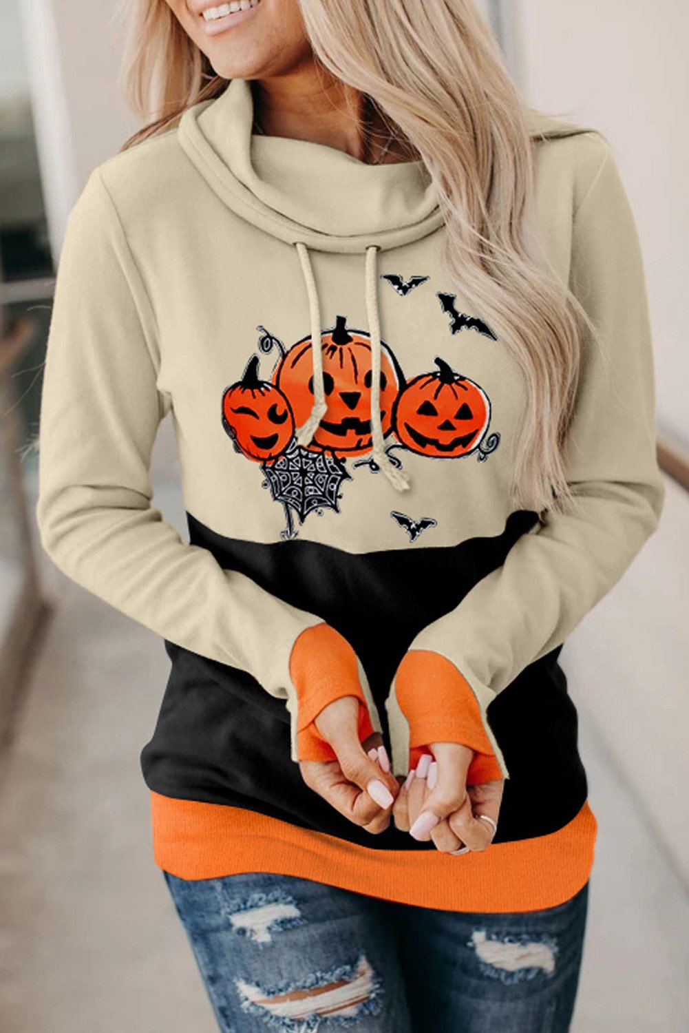 Cowl Neck Pumpkin Print Color Block Halloween Sweatshirt featuring trendy color block design and festive pumpkin print.