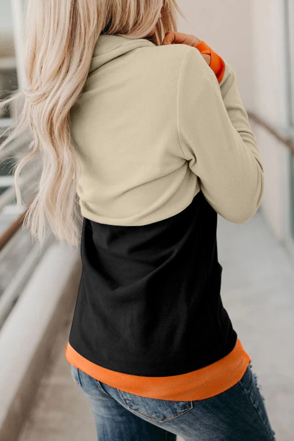 Cowl Neck Pumpkin Print Color Block Halloween Sweatshirt featuring trendy color block design and festive pumpkin print.