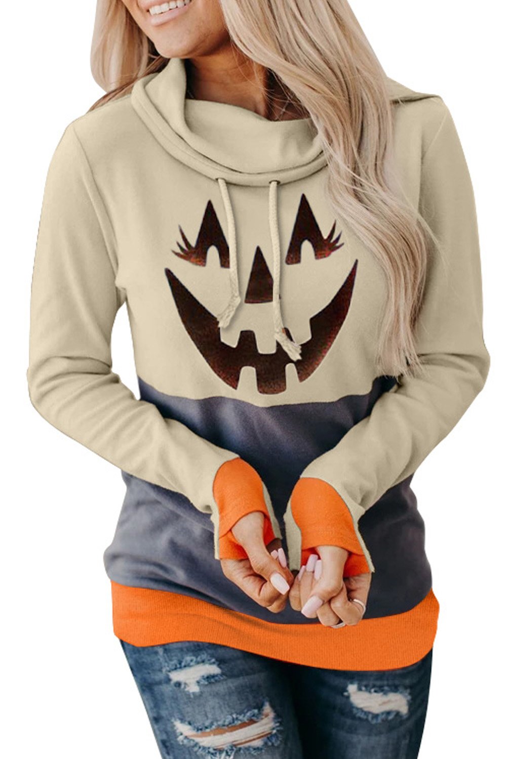 Cowl Neck Pumpkin Print Color Block Halloween Sweatshirt featuring trendy color block design and festive pumpkin print.