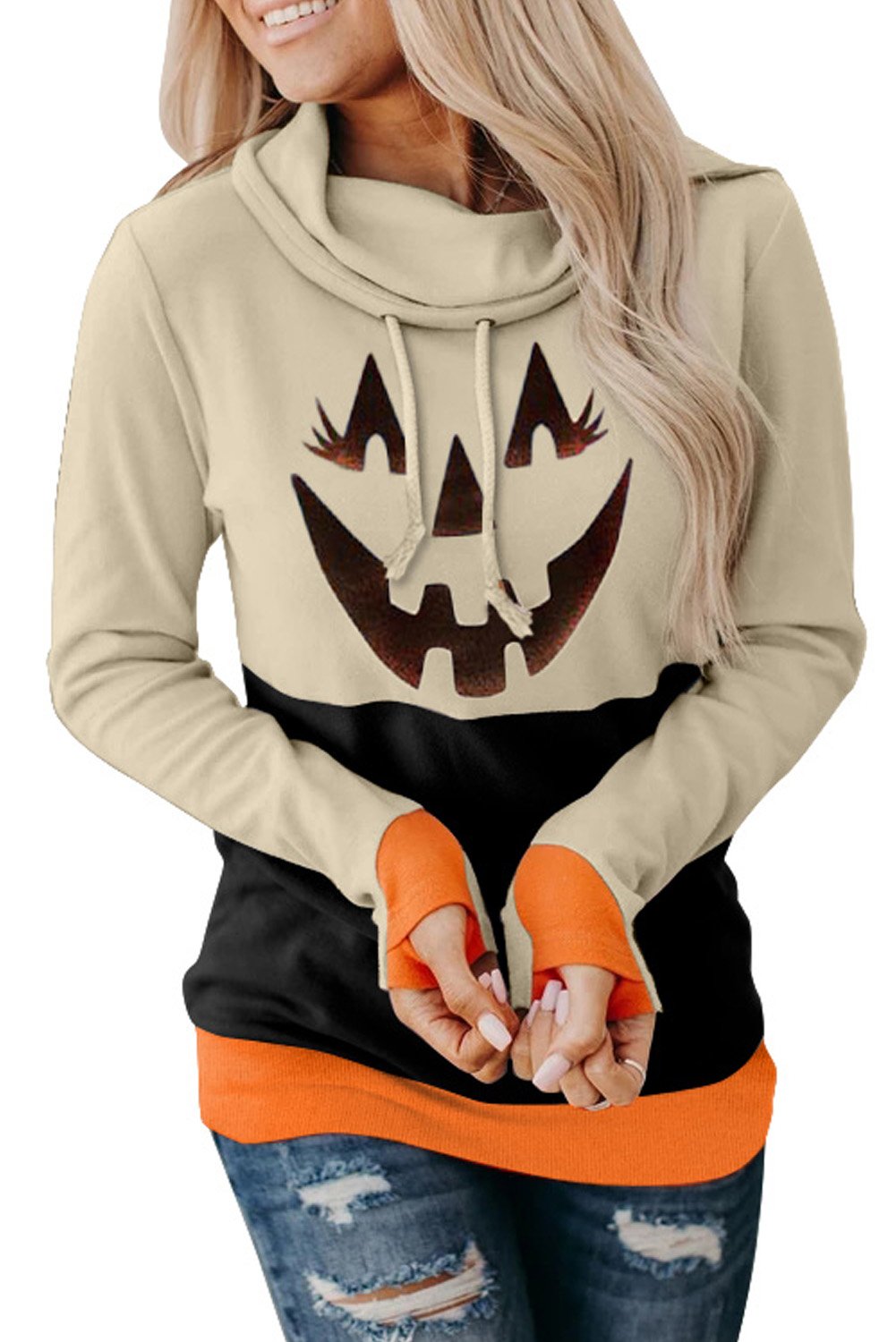 Cowl Neck Pumpkin Print Color Block Halloween Sweatshirt featuring trendy color block design and festive pumpkin print.