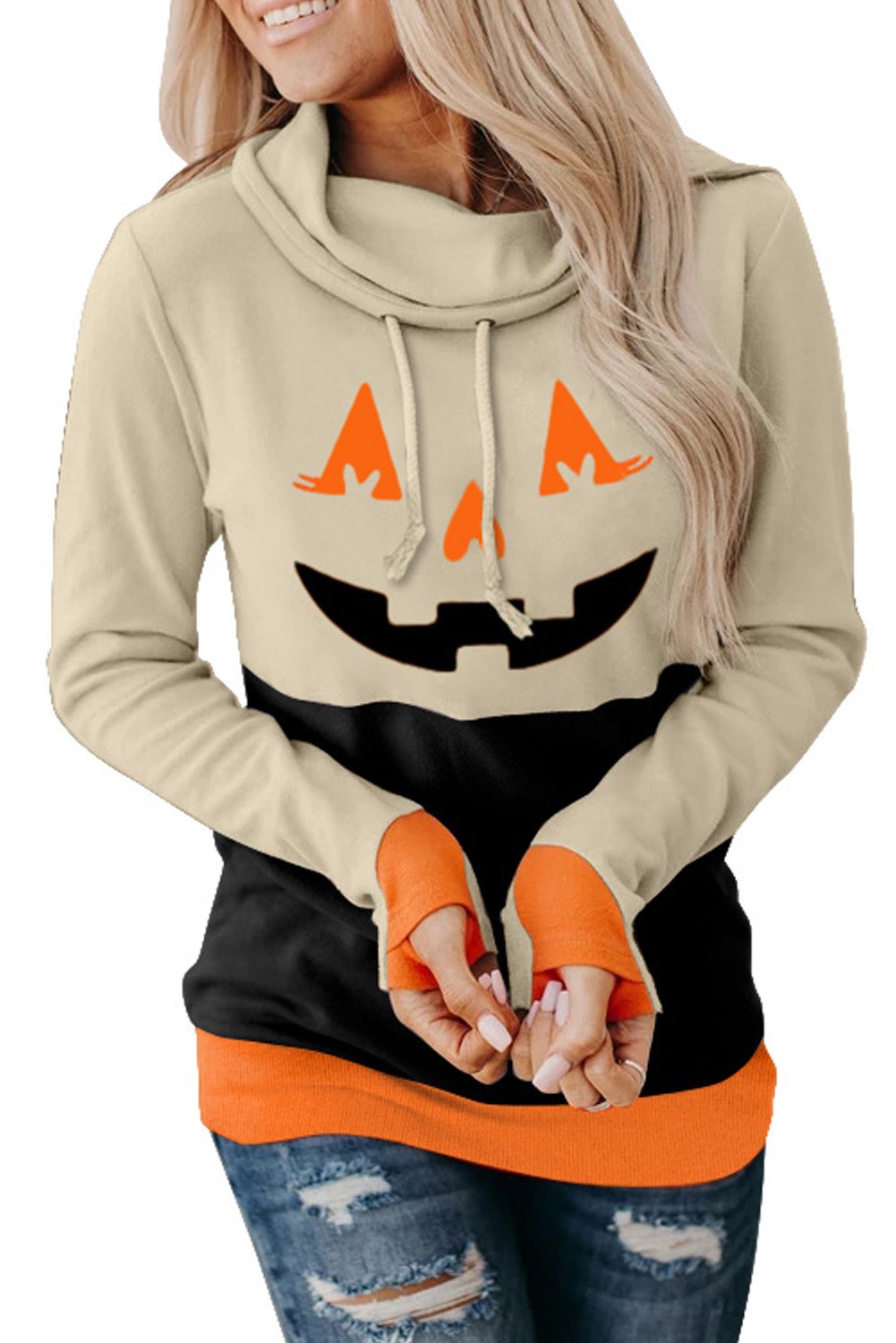 Cowl Neck Pumpkin Print Color Block Halloween Sweatshirt featuring trendy color block design and festive pumpkin print.