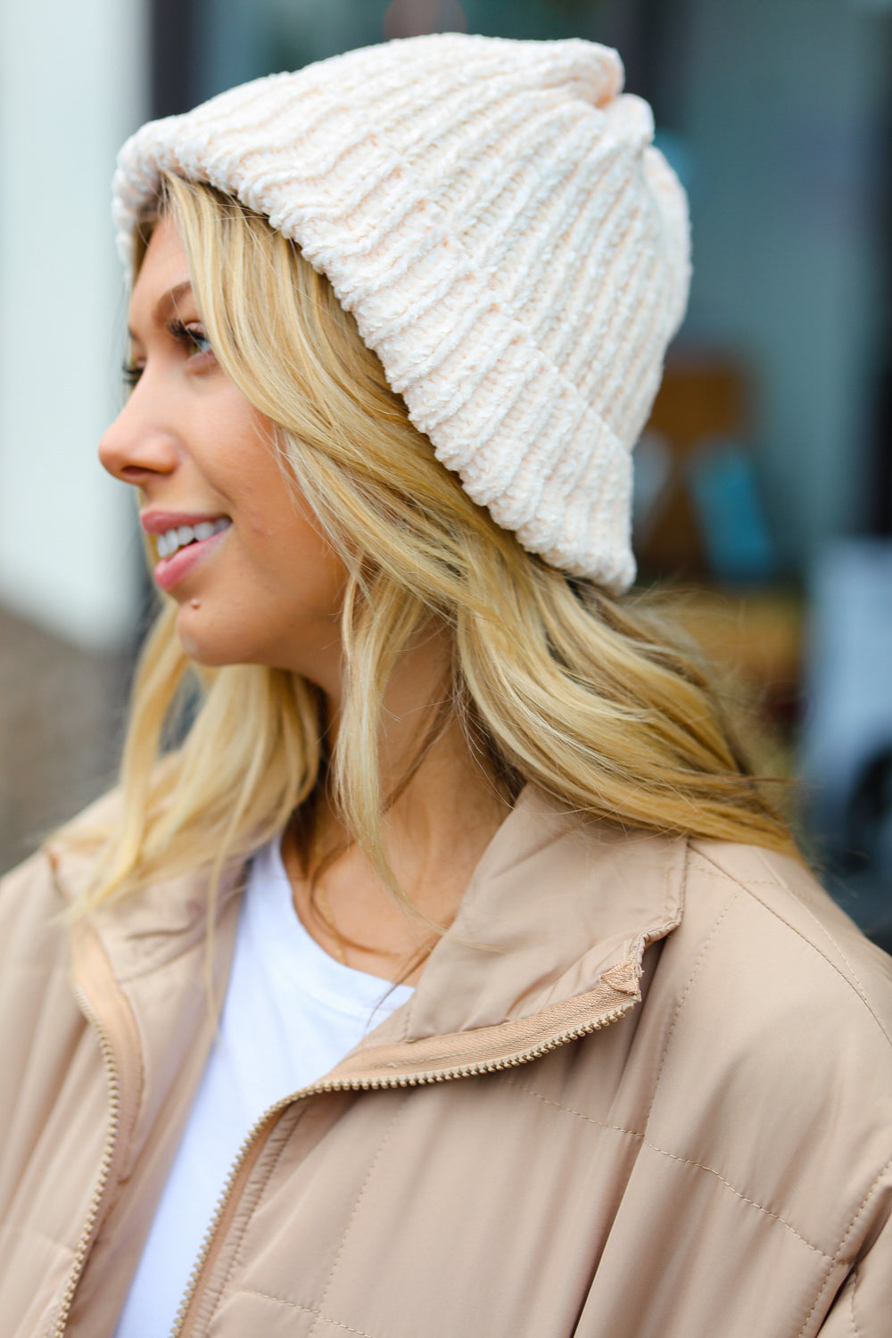 Cream Knit Velvet Chenille Fold Over Beanie showcasing its soft texture and stylish design, perfect for winter wear.